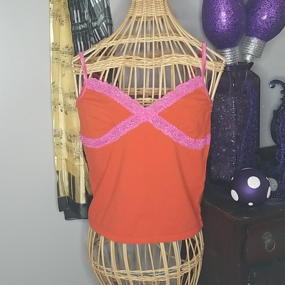 PINK Victoria's Secret Tops - PINK Victoria's Secret Large Orange with Pink Lace Tank Top